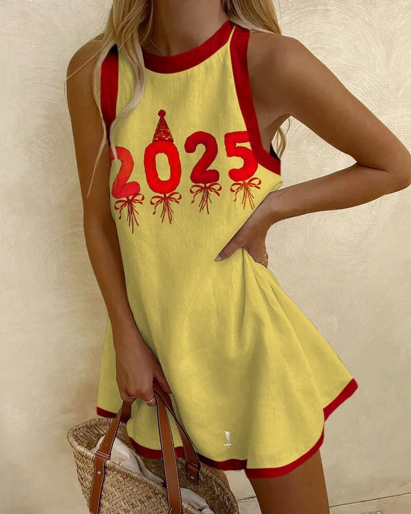 Happy New Year 2025 Print Sleeveless Mini Dress