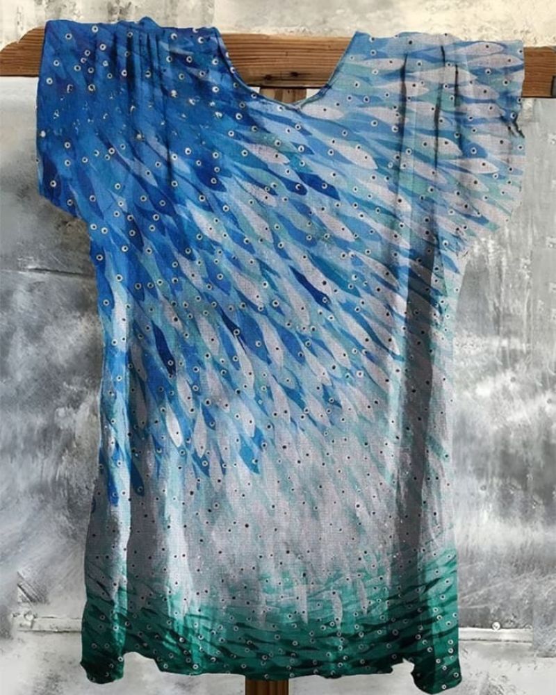 Women's Vintage Fishs Art  Print Casual Cotton And Linen Shirt