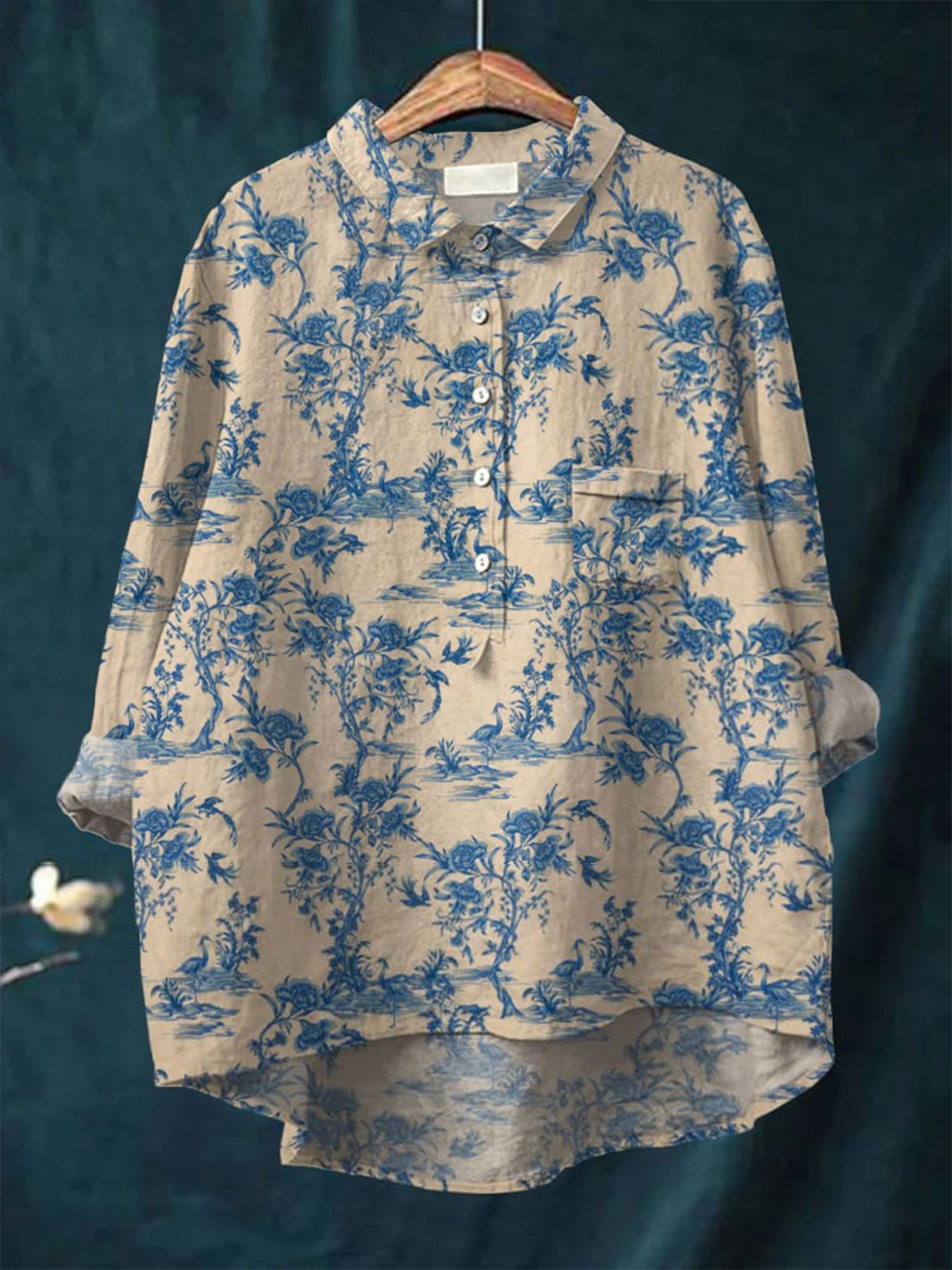 Women's Flower Art Print Casual Cotton And Linen Shirt