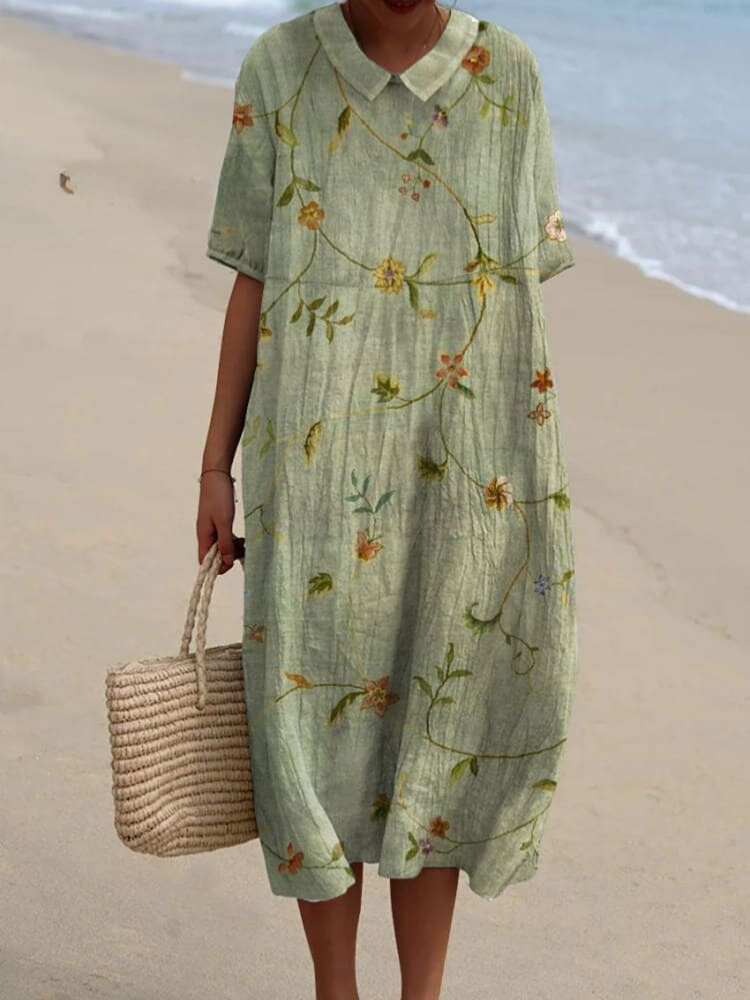 Women's Vintage Lovely Floral Art Print Casual Pocket Linen Dress（Convertible Dress With Front And Back Option）