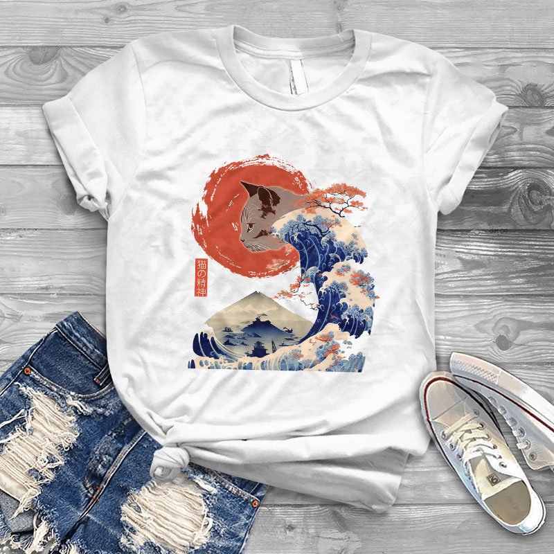 Cotton Japanese Funny Wave Cat Print T-shirt