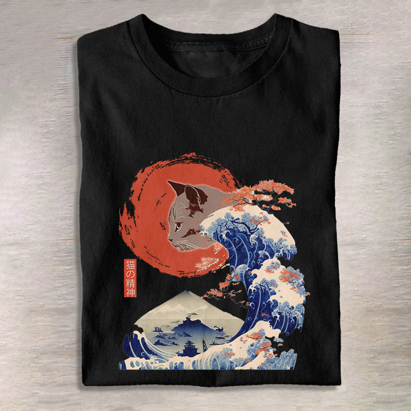 Cotton Japanese Funny Wave Cat Print T-shirt