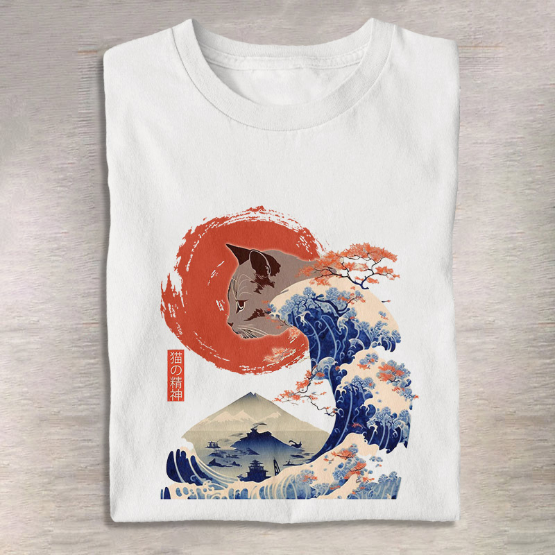 Cotton Japanese Funny Wave Cat Print T-shirt