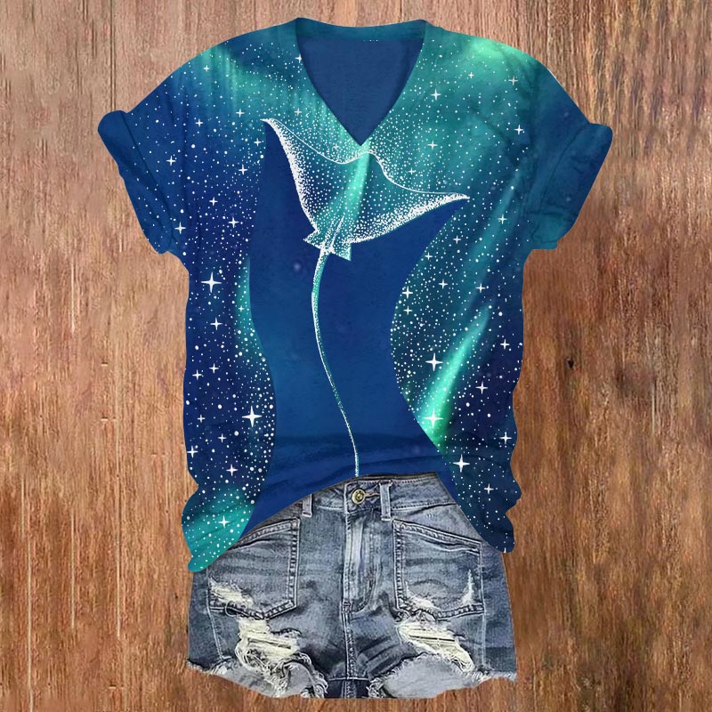 Starry Ray In The Aurora Print V-neck T-shirt