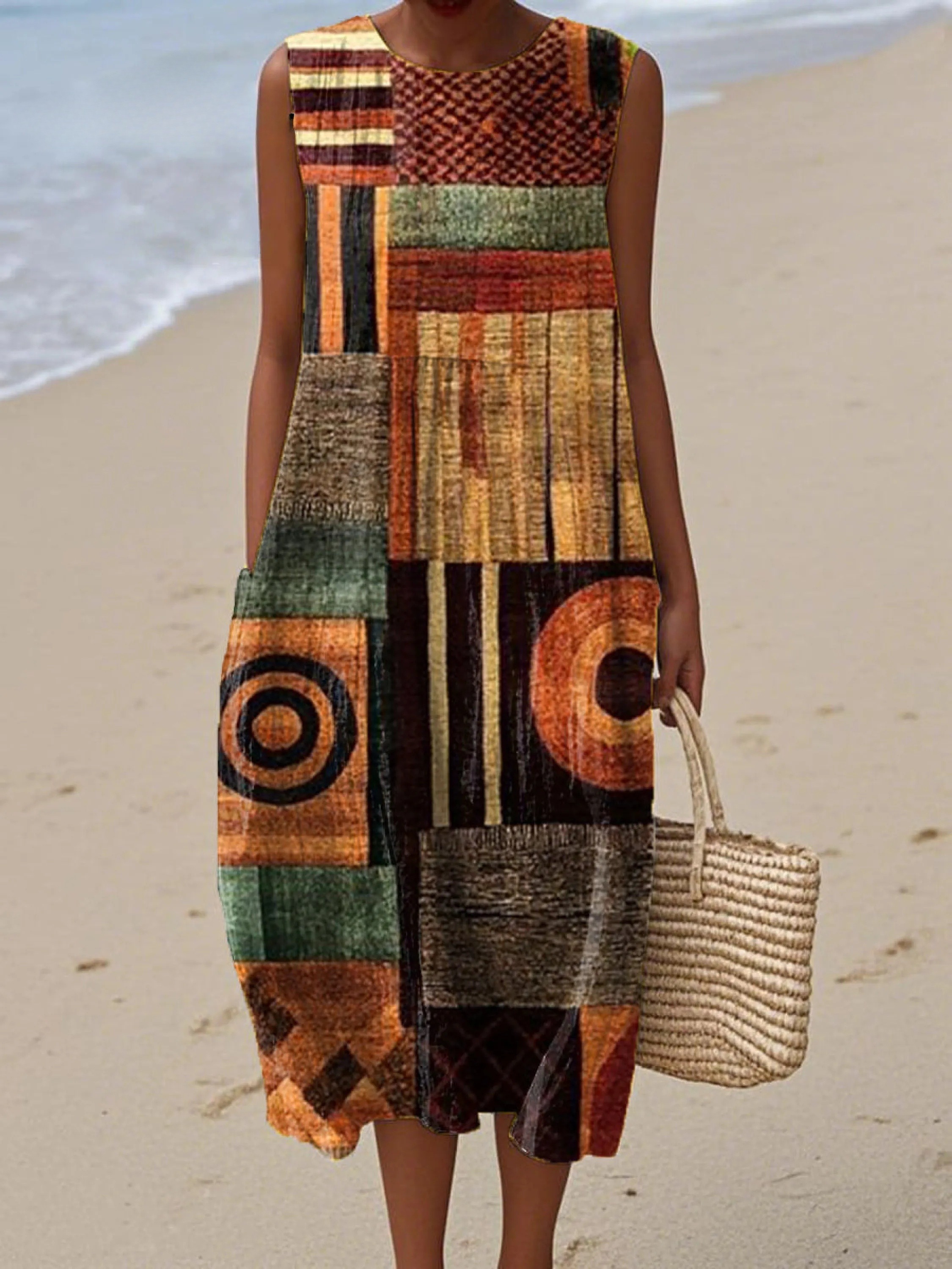 Women's Vintage Abstract Geometric Painting Art Print Sleeveless Cotton Pocket Wrap Dress