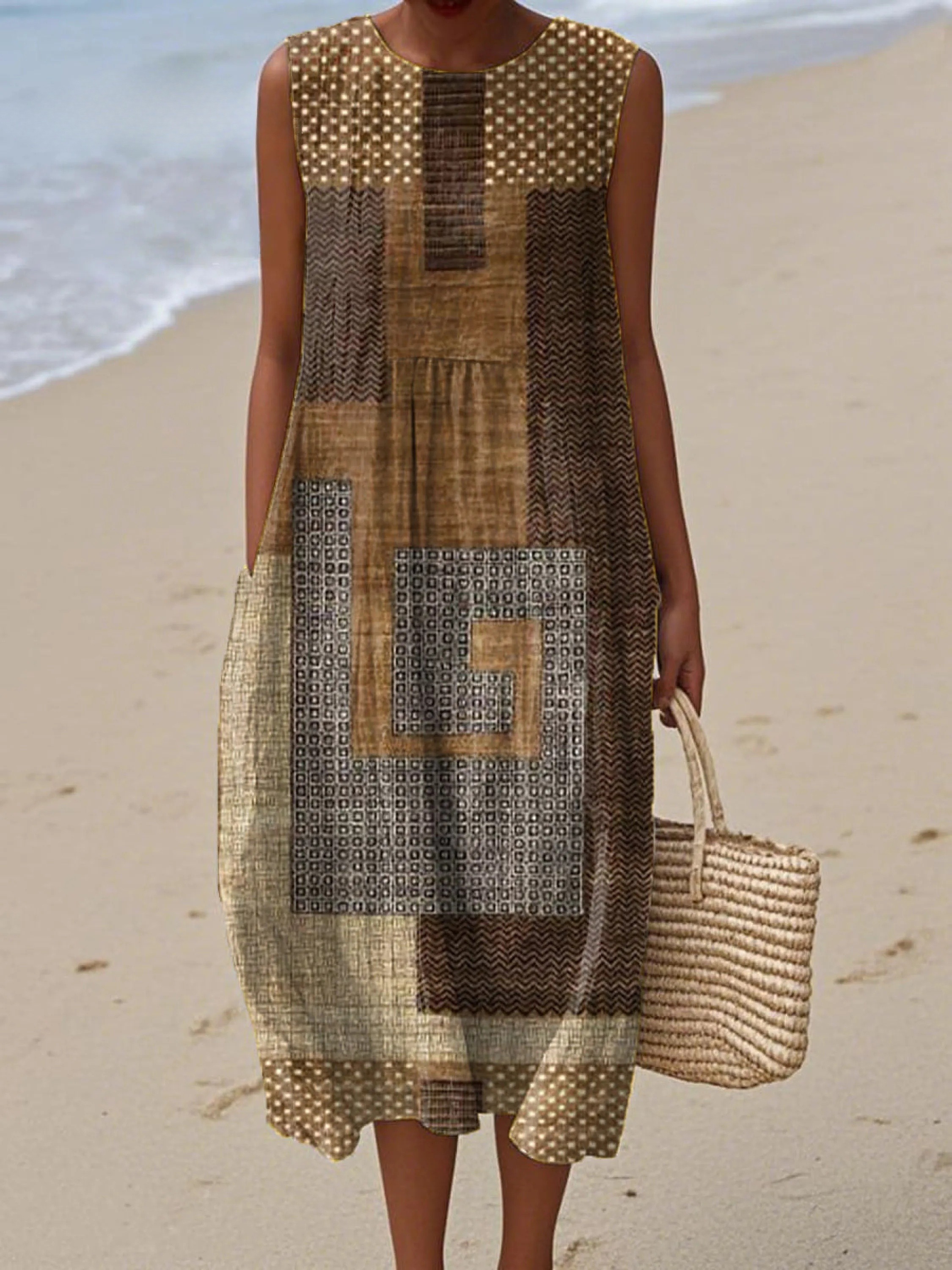 Women's Vintage Abstract Geometric Plaid Painting Art Print Sleeveless Cotton Pocket Wrap Dress