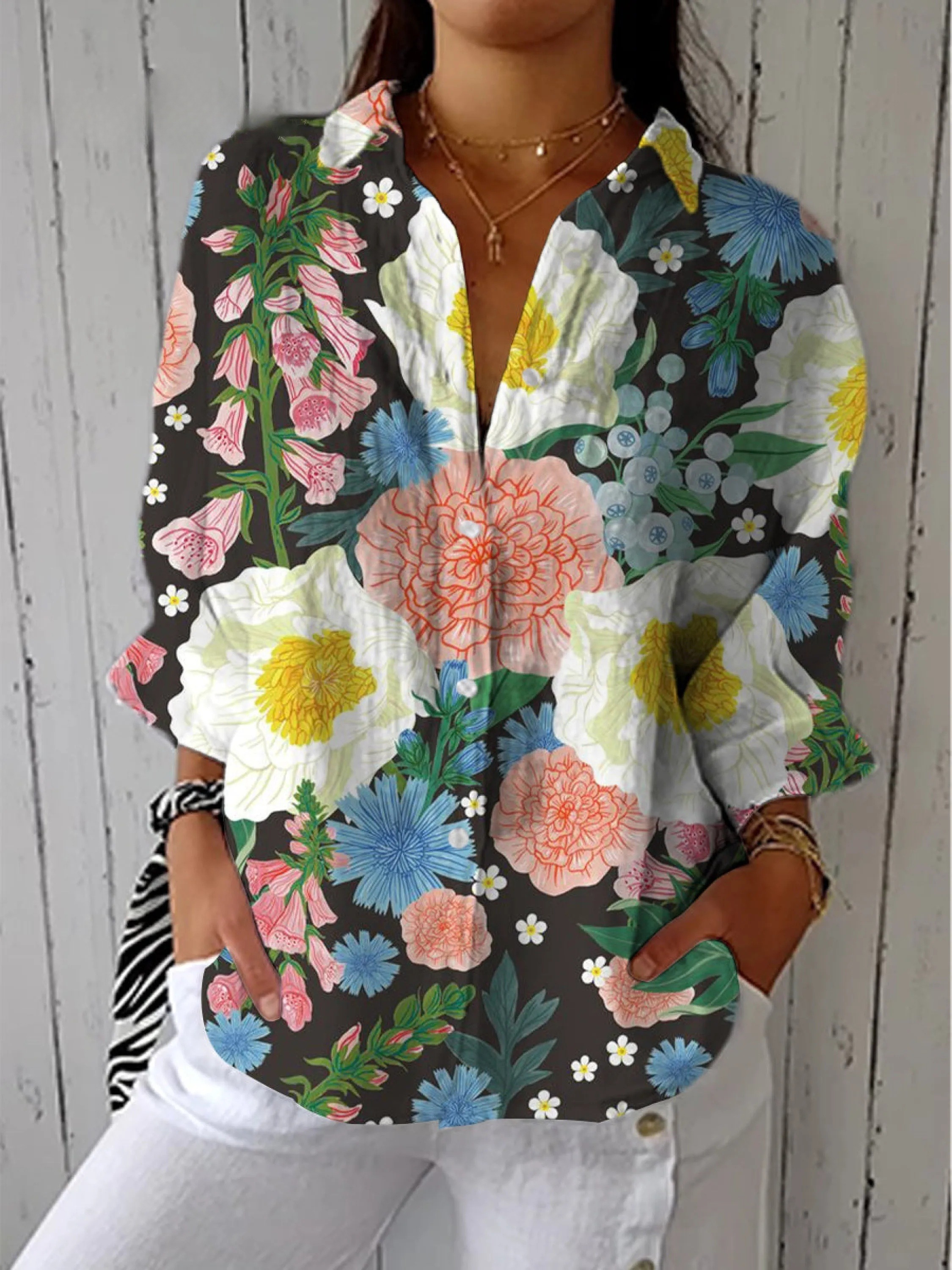 Women's Beautiful Colorful Big Flowers Drawing Art Prints Casual V-neck Shirt