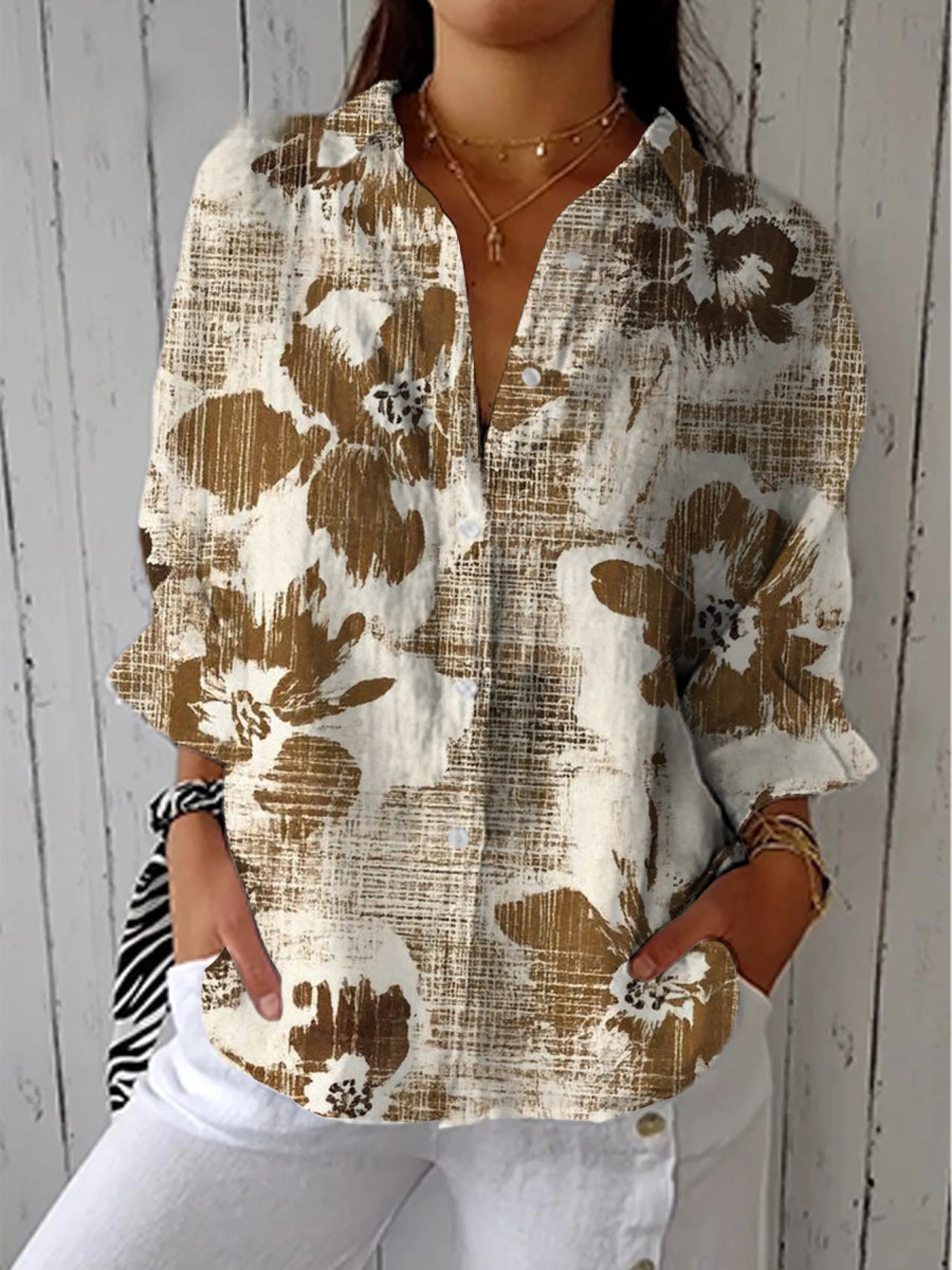 Women's Vintage Brown Floral Painting Art Print Casual V-neck Shirt