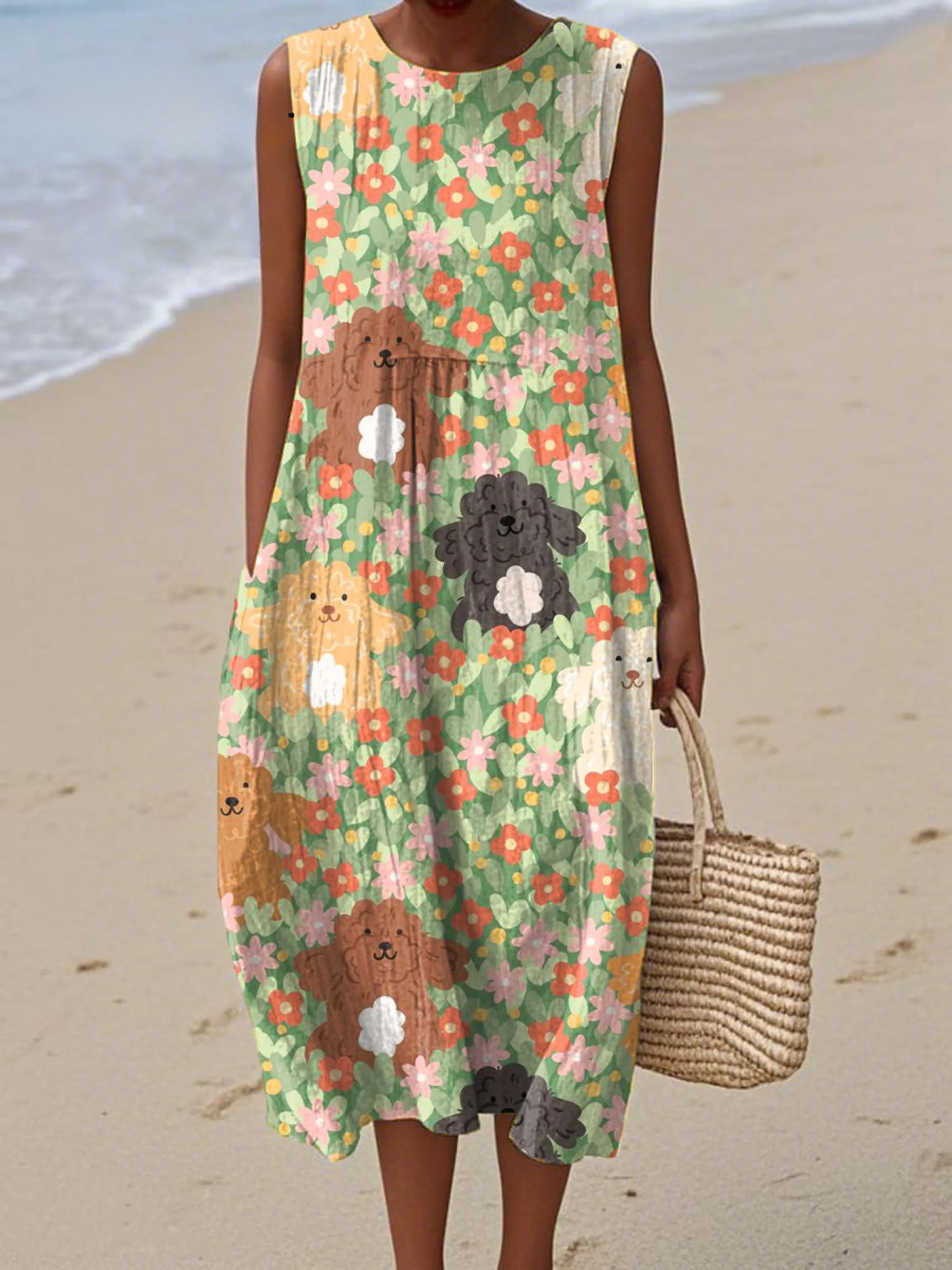 Women's Colorful Flowers Cute Puppy Drawing Art Print Sleeveless Cotton Pocket Wrap Dress