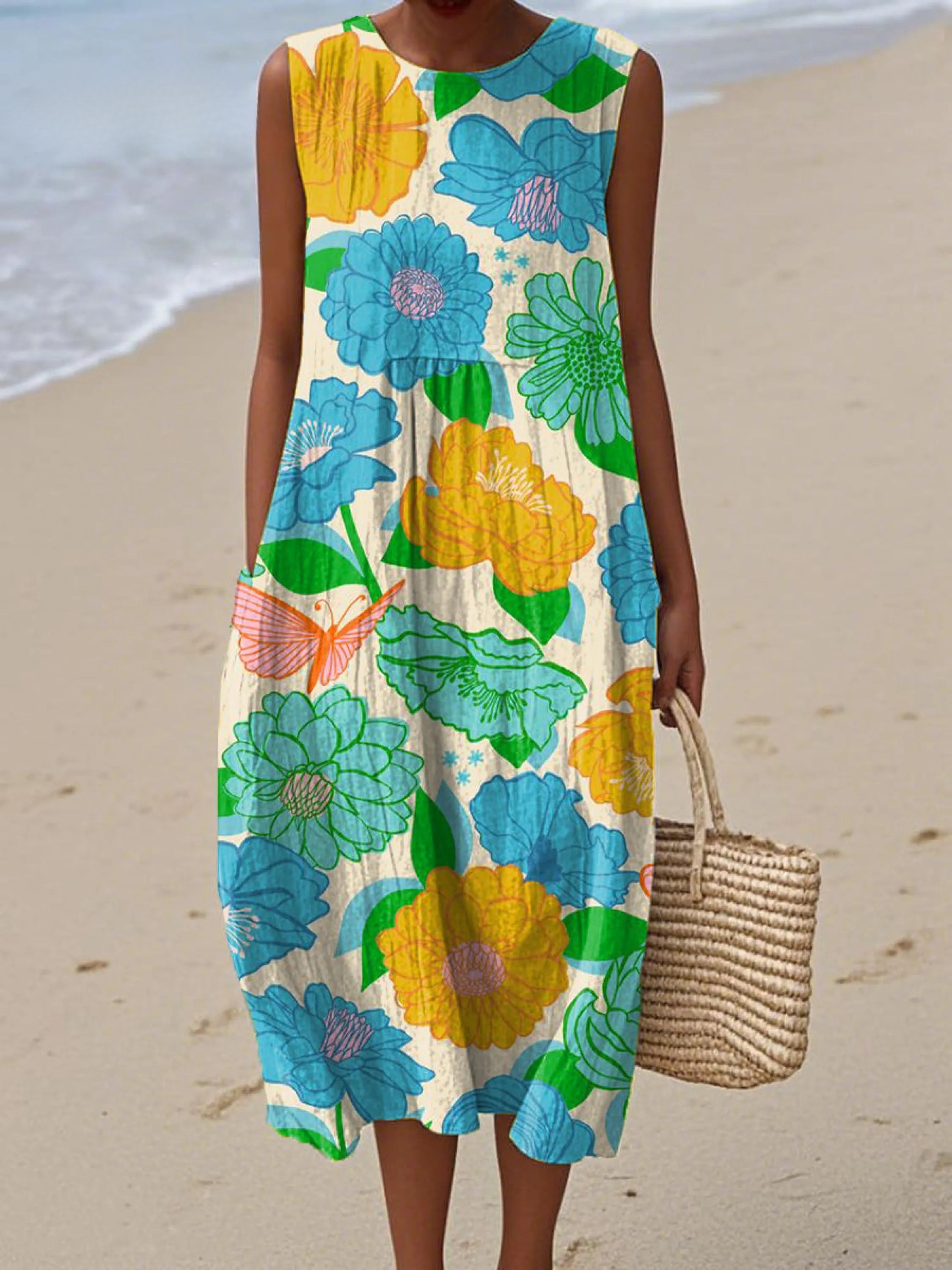 Women's Colorful Large Flower Painting Art Print Sleeveless Cotton Pocket Wrap Dress