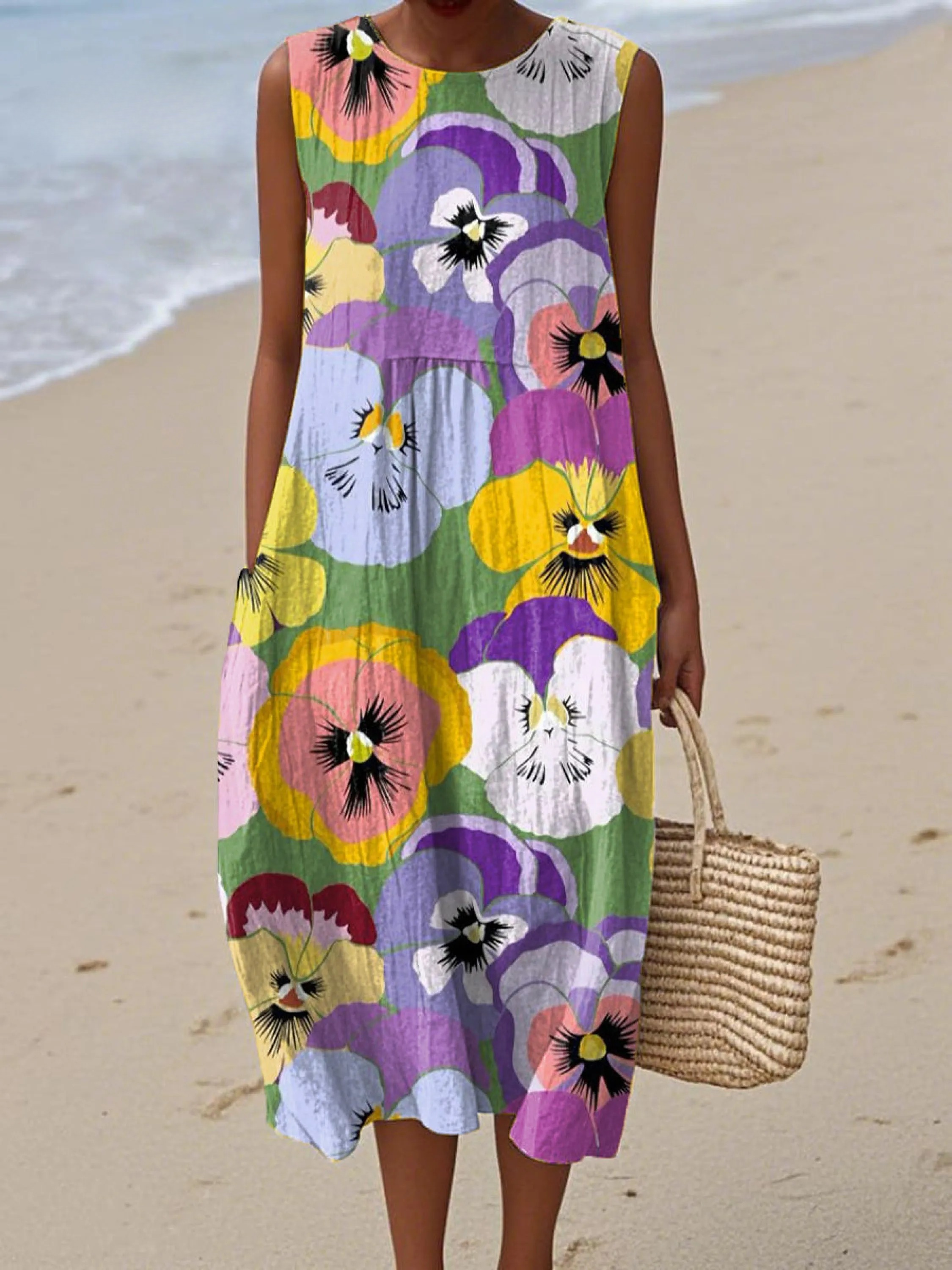 Women's Colorful Large Flower Painting Art Print Sleeveless Cotton Pocket Wrap Dress