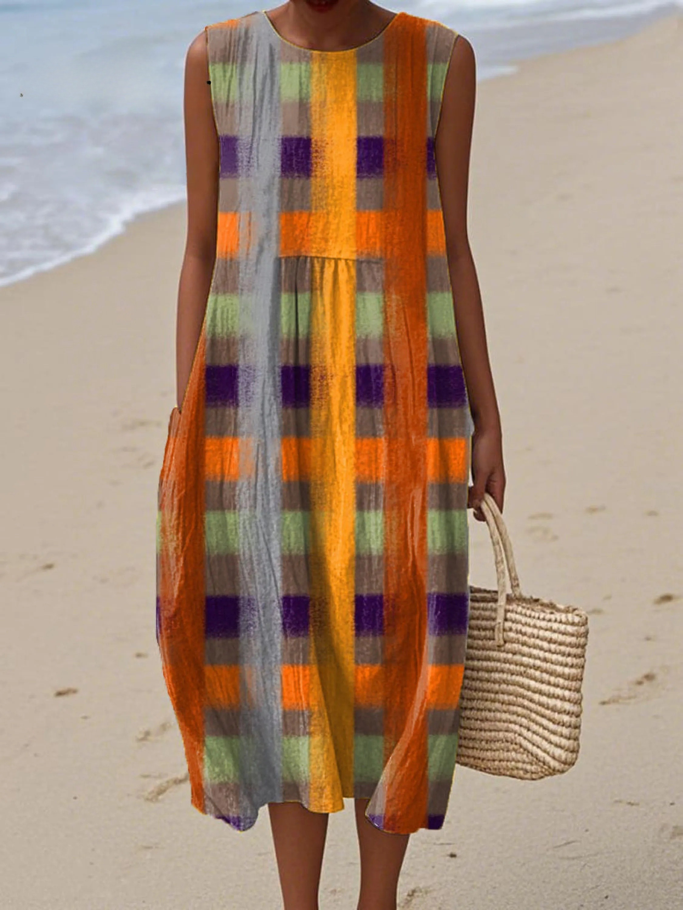 Women's Vintage Abstract Stripe Painting Art Print Sleeveless Cotton Pocket Wrap Dress