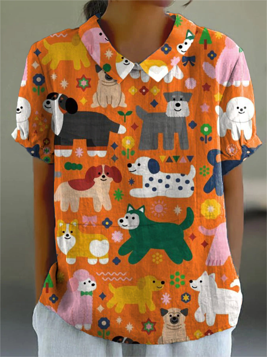 Women's Colorful Cute Puppy Drawing Art Print Casual Shirt
