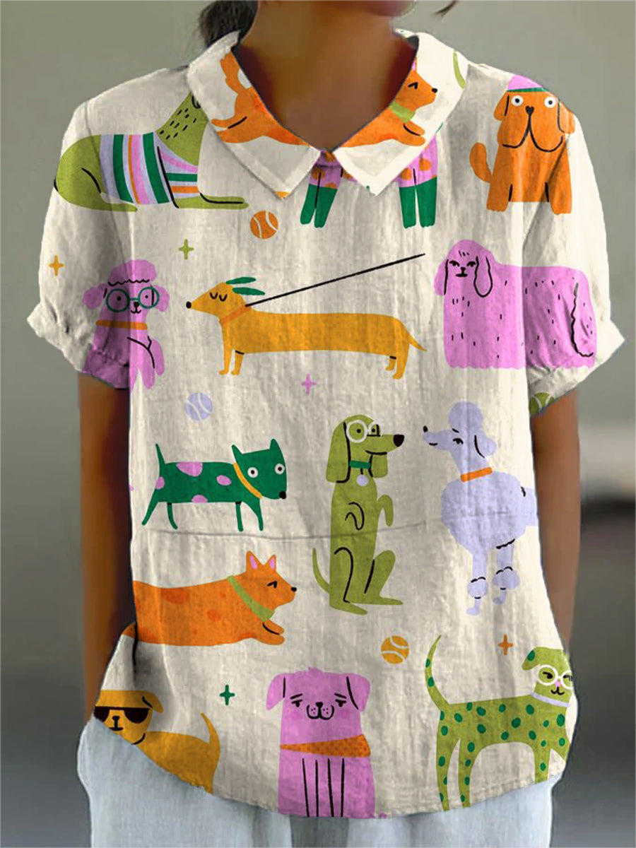 Women's Colorful Cute Puppy Drawing Art Print Casual Shirt