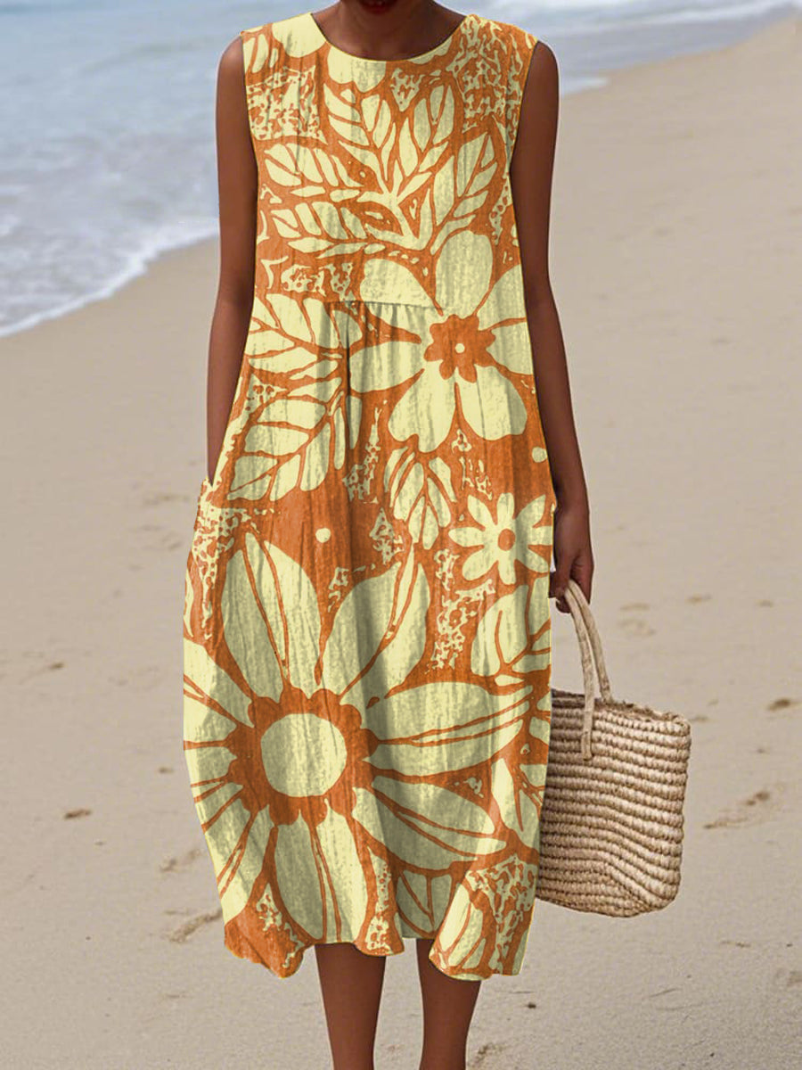 Women's Abstract Large Flower Painting Art Print Sleeveless Cotton Pocket Wrap Dress