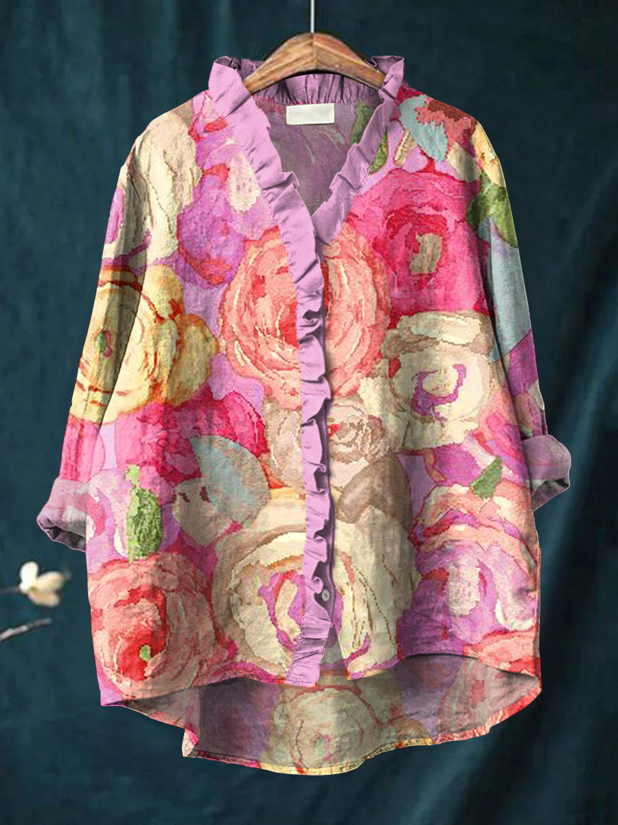 Women's Beautiful Colorful Large Rose Painting Art Print Casual Ruffle Shirt