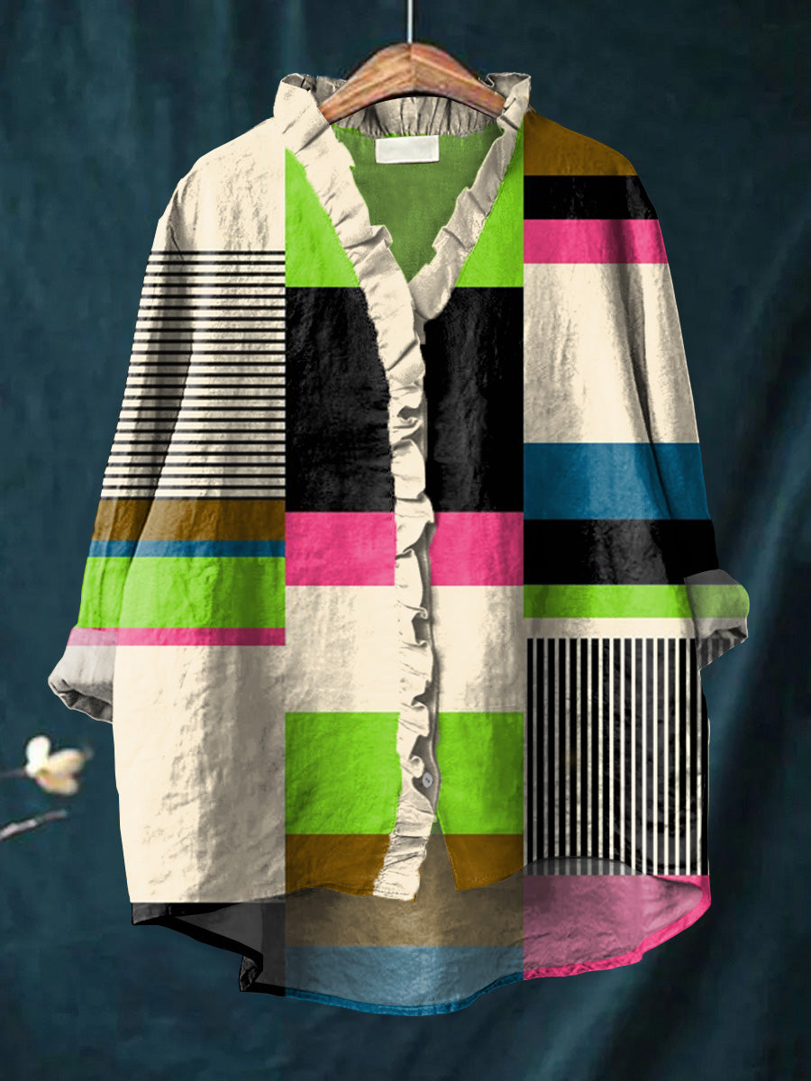Women's Bright Colorful Geometric Color Block Painting Art Print Casual Ruffle Shirt
