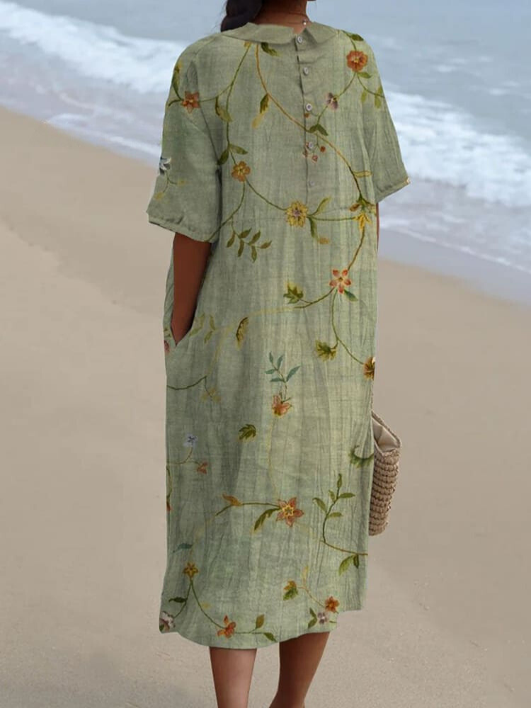 Women's Vintage Lovely Floral Art Print Casual Pocket Linen Dress（Convertible Dress With Front And Back Option）