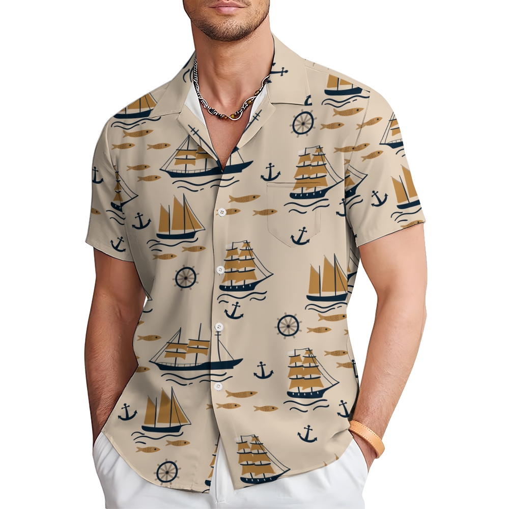 Men's Sailboat Print Hawaiian Casual Short Sleeve Shirt