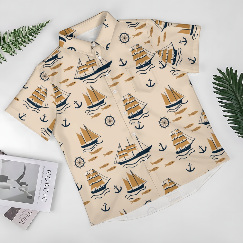 Men's Sailboat Print Hawaiian Casual Short Sleeve Shirt