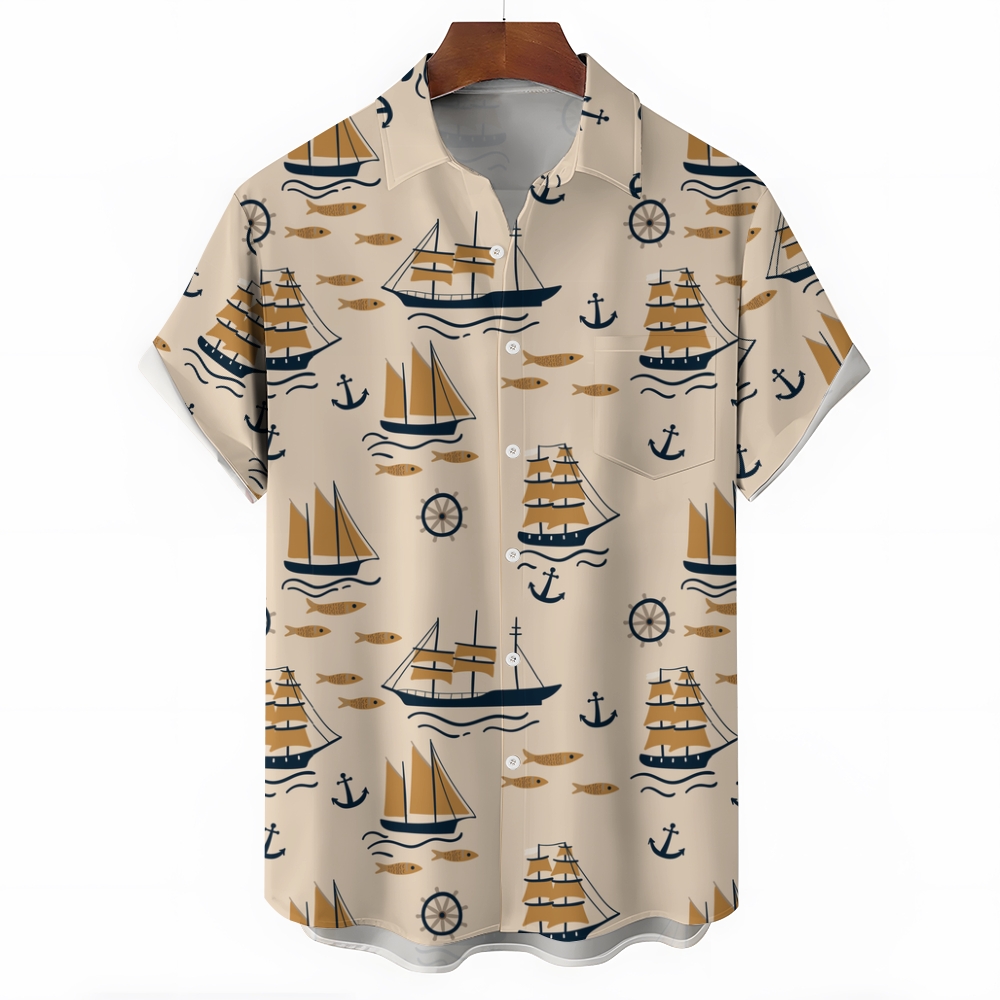 Men's Sailboat Print Hawaiian Casual Short Sleeve Shirt