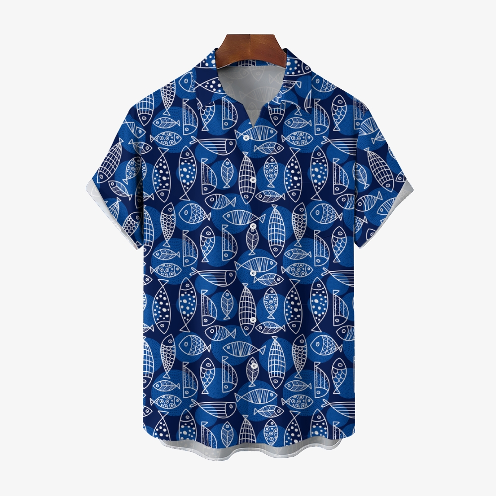 Men's Geometric Fish Print Hawaiian Casual Short Sleeve Shirt 2406001970