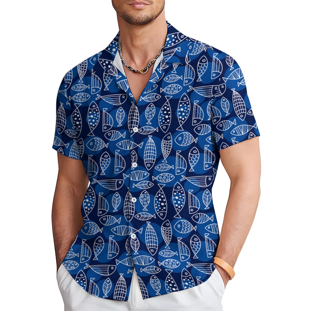 Men's Geometric Fish Print Hawaiian Casual Short Sleeve Shirt 2406001970