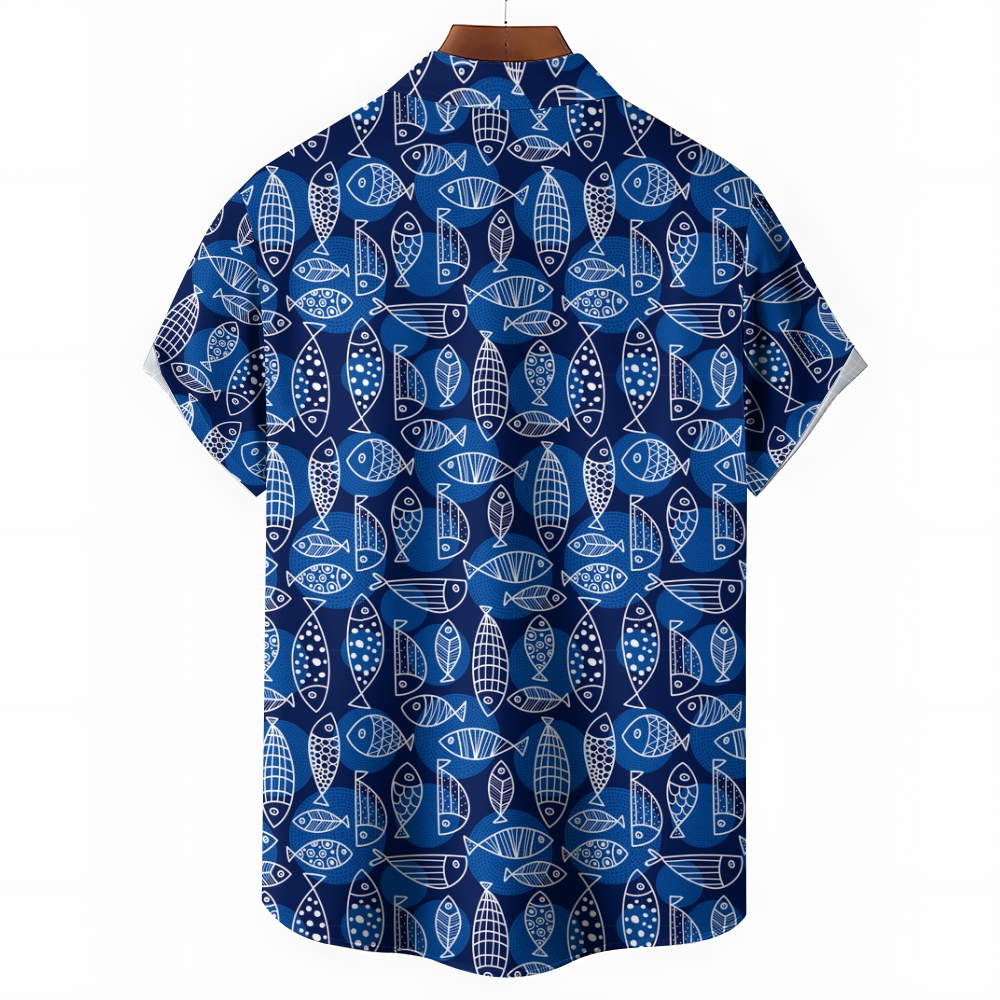 Men's Geometric Fish Print Hawaiian Casual Short Sleeve Shirt 2406001970