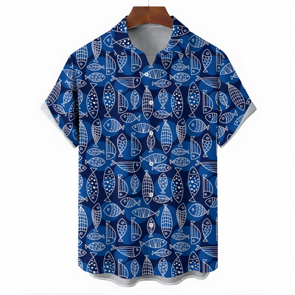 Men's Geometric Fish Print Hawaiian Casual Short Sleeve Shirt 2406001970