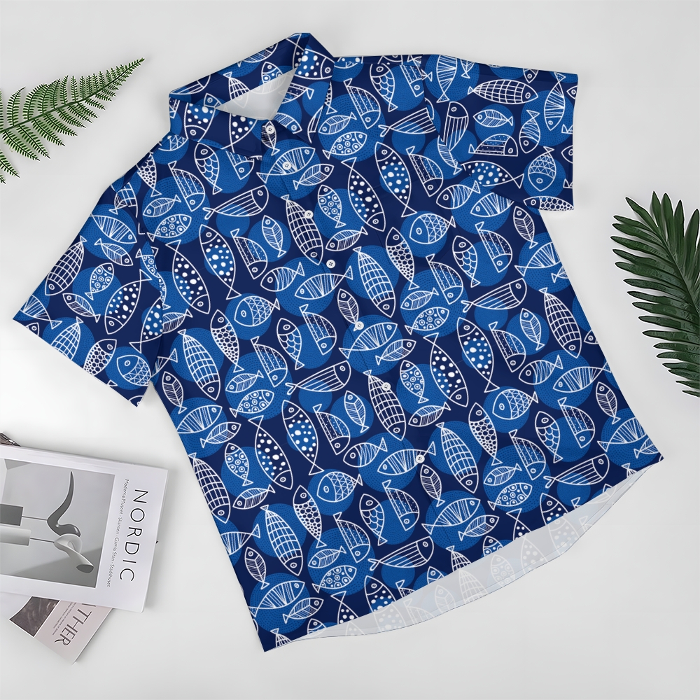 Men's Geometric Fish Print Hawaiian Casual Short Sleeve Shirt 2406001970