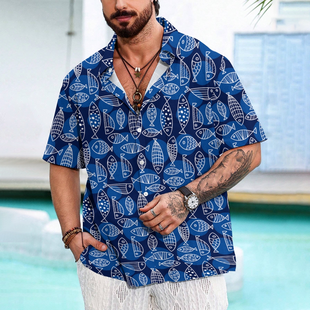 Men's Geometric Fish Print Hawaiian Casual Short Sleeve Shirt 2406001970