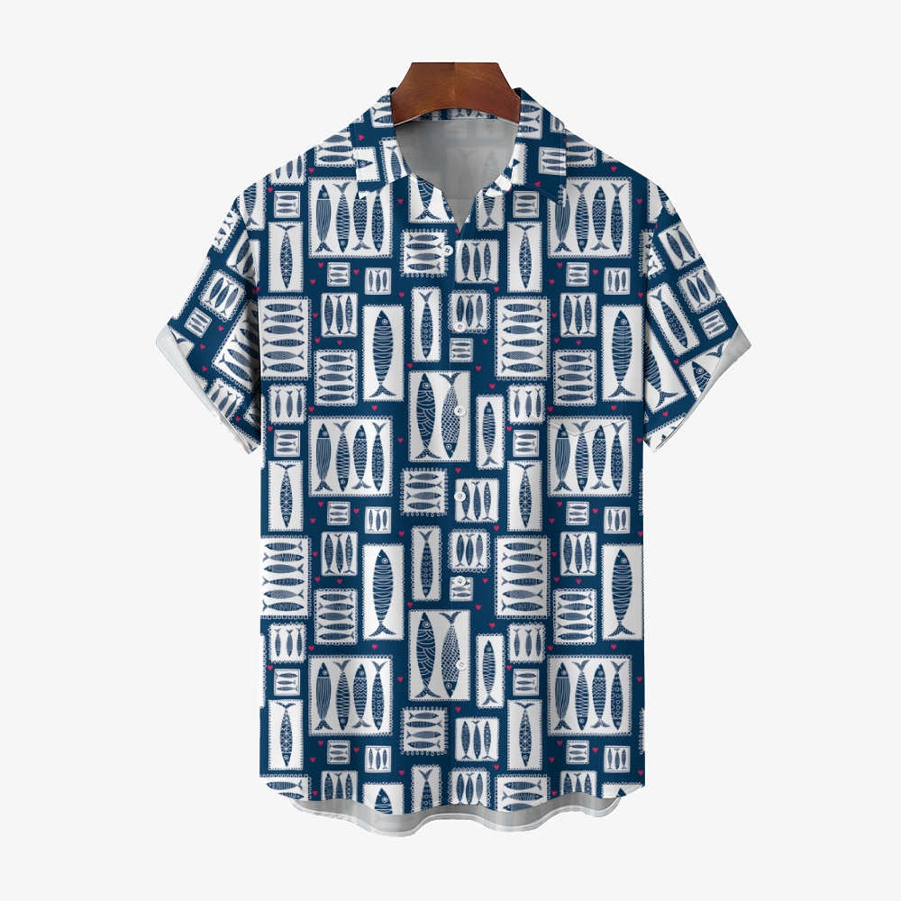 Men's Cartoon Fish Print Hawaiian Casual Short Sleeve Shirt 2406001979
