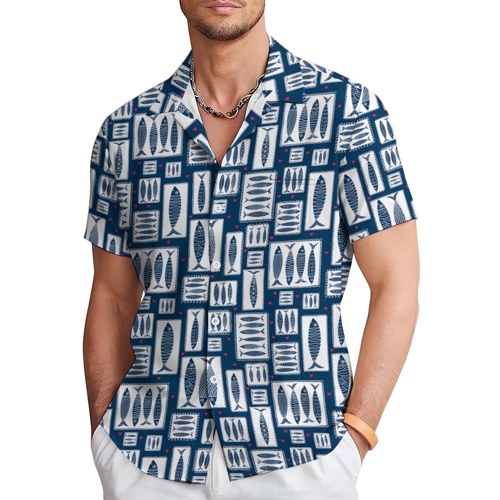 Men's Cartoon Fish Print Hawaiian Casual Short Sleeve Shirt 2406001979