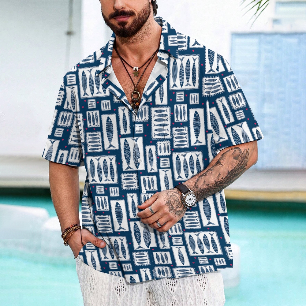 Men's Cartoon Fish Print Hawaiian Casual Short Sleeve Shirt 2406001979