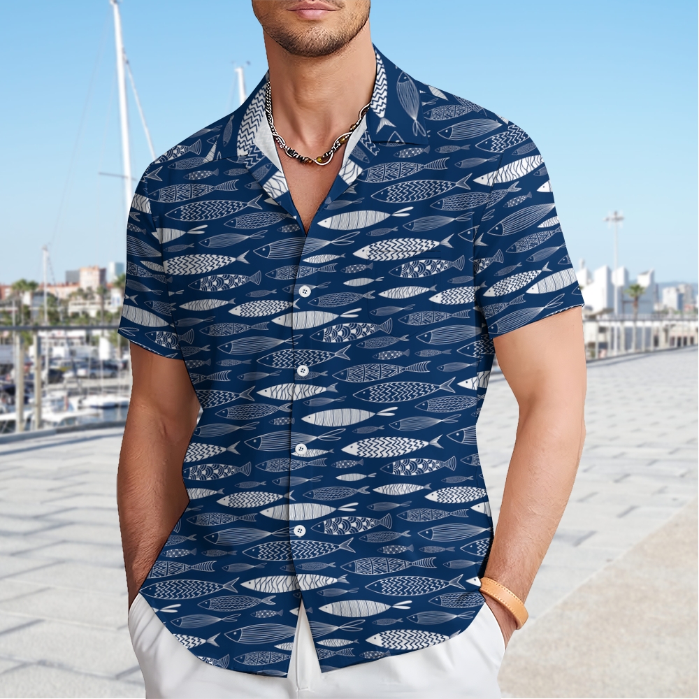 Men's Line Fish Print Hawaiian Casual Short Sleeve Shirt 2406002041