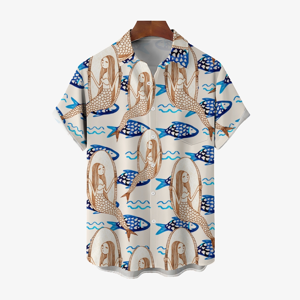 Men's Mermaid Print Hawaiian Casual Short Sleeve Shirt