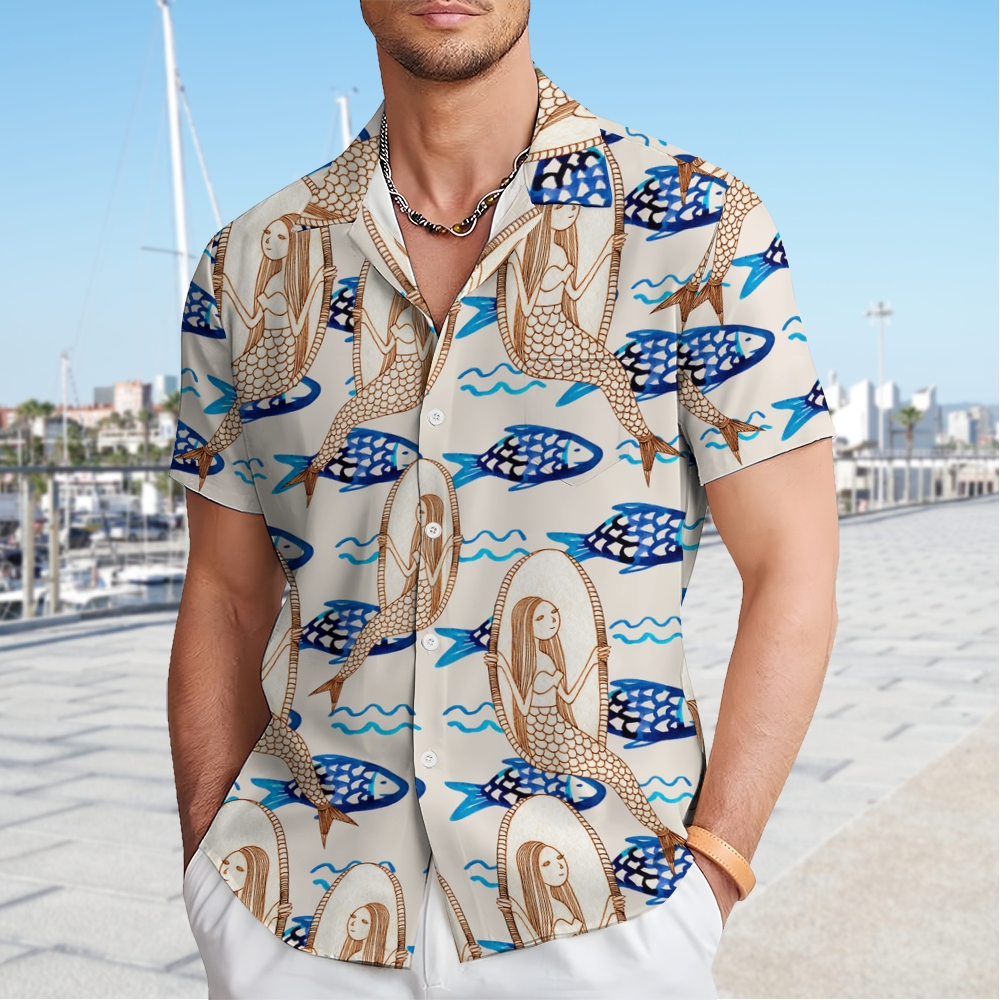 Men's Mermaid Print Hawaiian Casual Short Sleeve Shirt