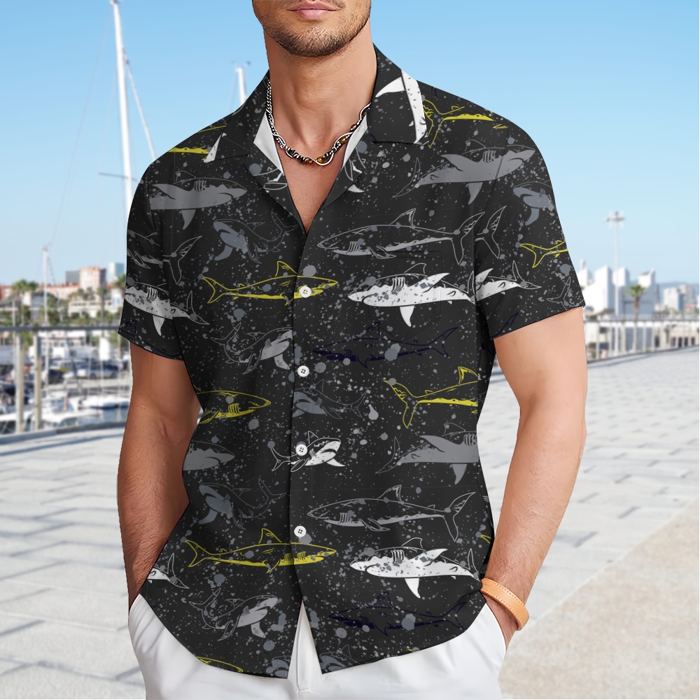 Men's Shark Print Hawaiian Casual Short Sleeve Shirt