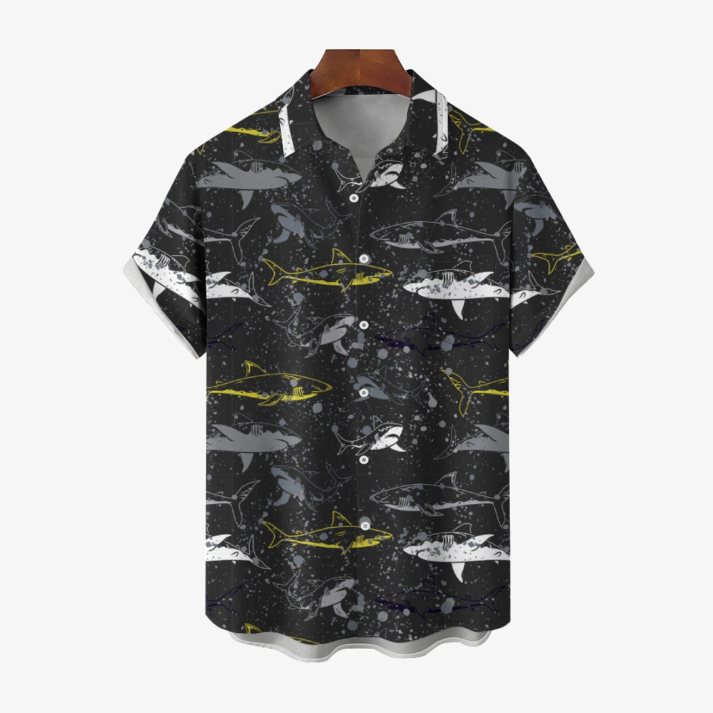 Men's Shark Print Hawaiian Casual Short Sleeve Shirt