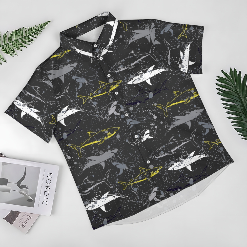 Men's Shark Print Hawaiian Casual Short Sleeve Shirt