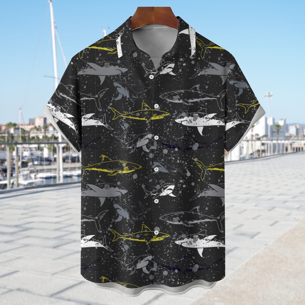 Men's Shark Print Hawaiian Casual Short Sleeve Shirt