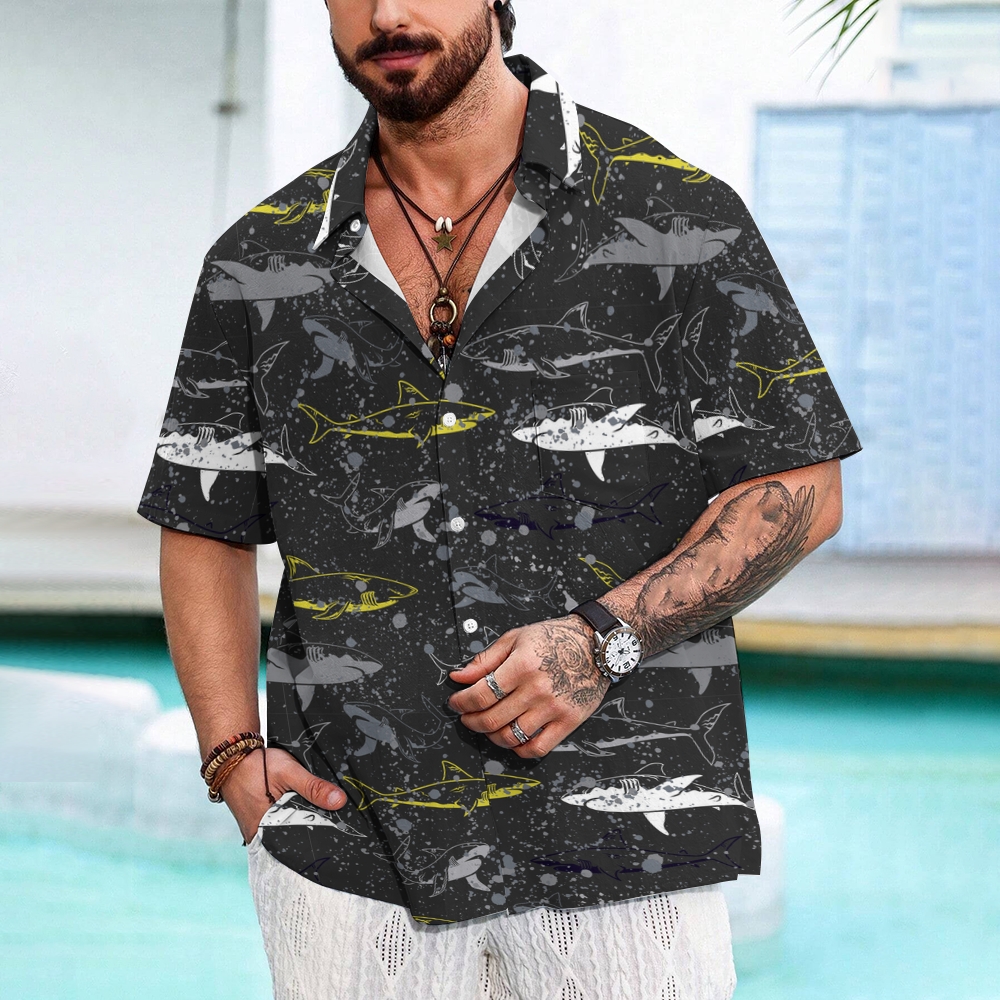 Men's Shark Print Hawaiian Casual Short Sleeve Shirt