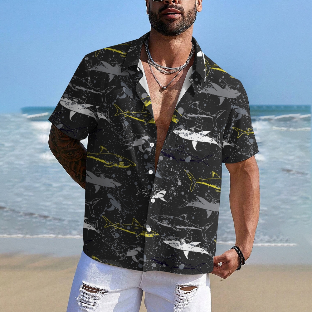 Men's Shark Print Hawaiian Casual Short Sleeve Shirt