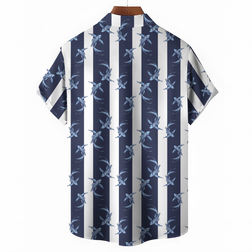 Men's Line Fish Print Hawaiian Casual Short Sleeve Shirt