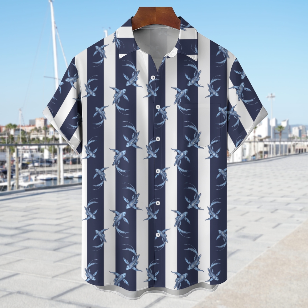 Men's Line Fish Print Hawaiian Casual Short Sleeve Shirt