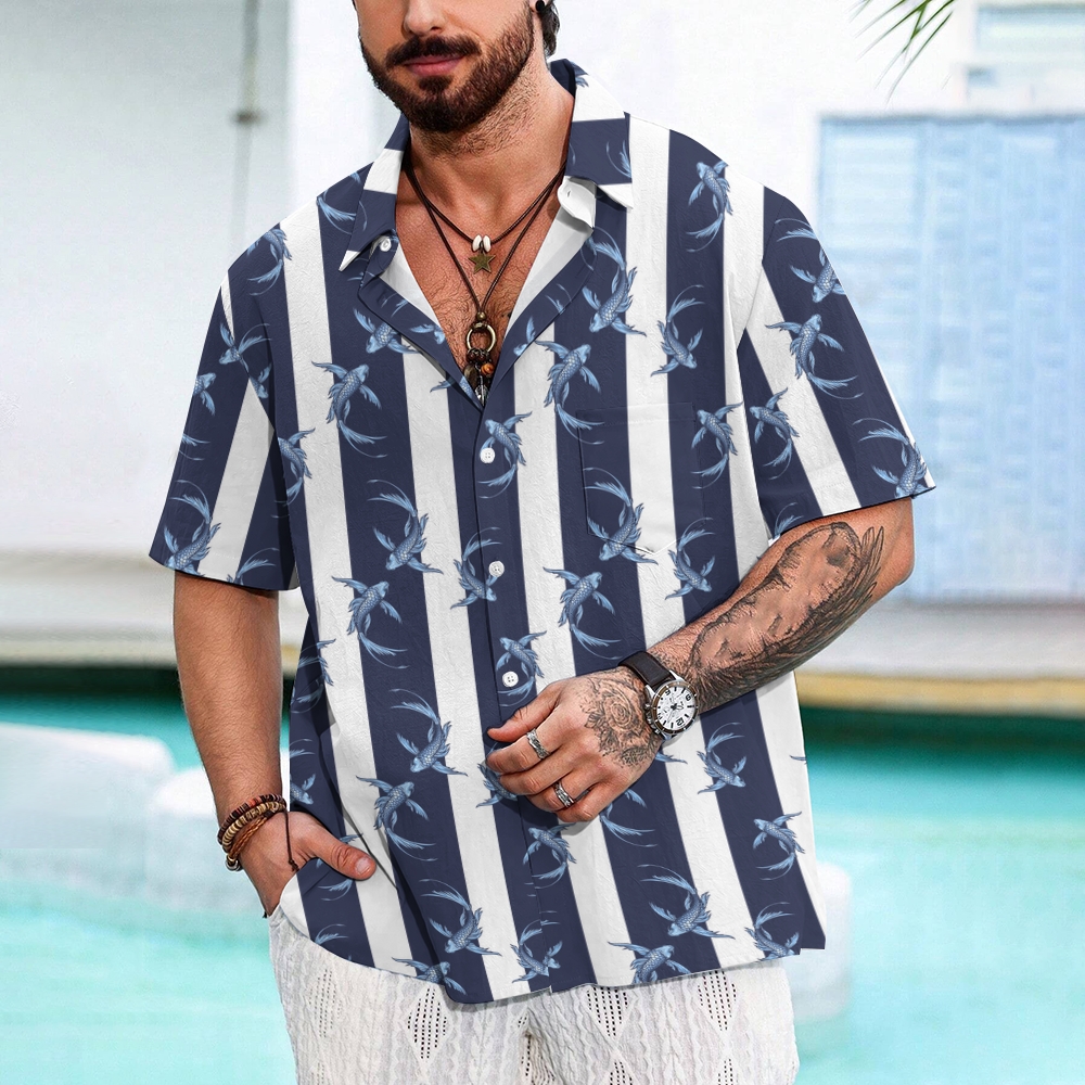 Men's Line Fish Print Hawaiian Casual Short Sleeve Shirt