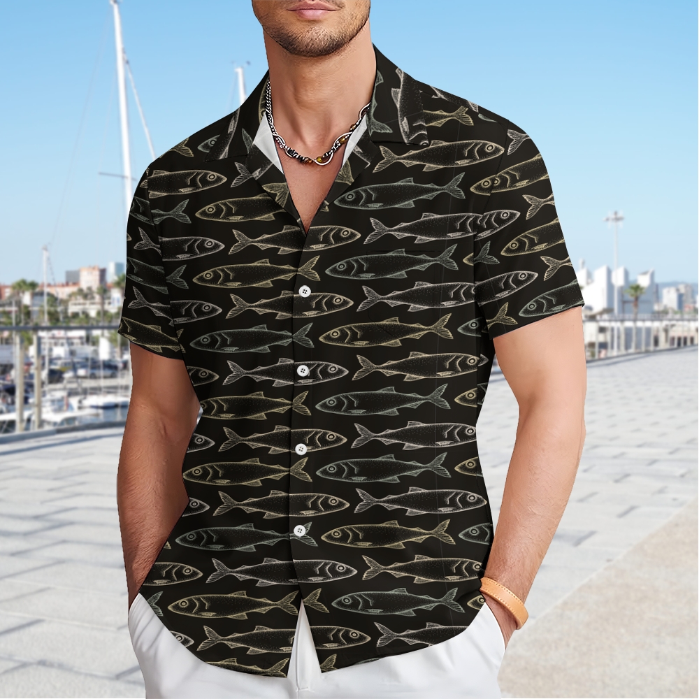 Men's Fish Print Hawaiian Casual Short Sleeve Shirt