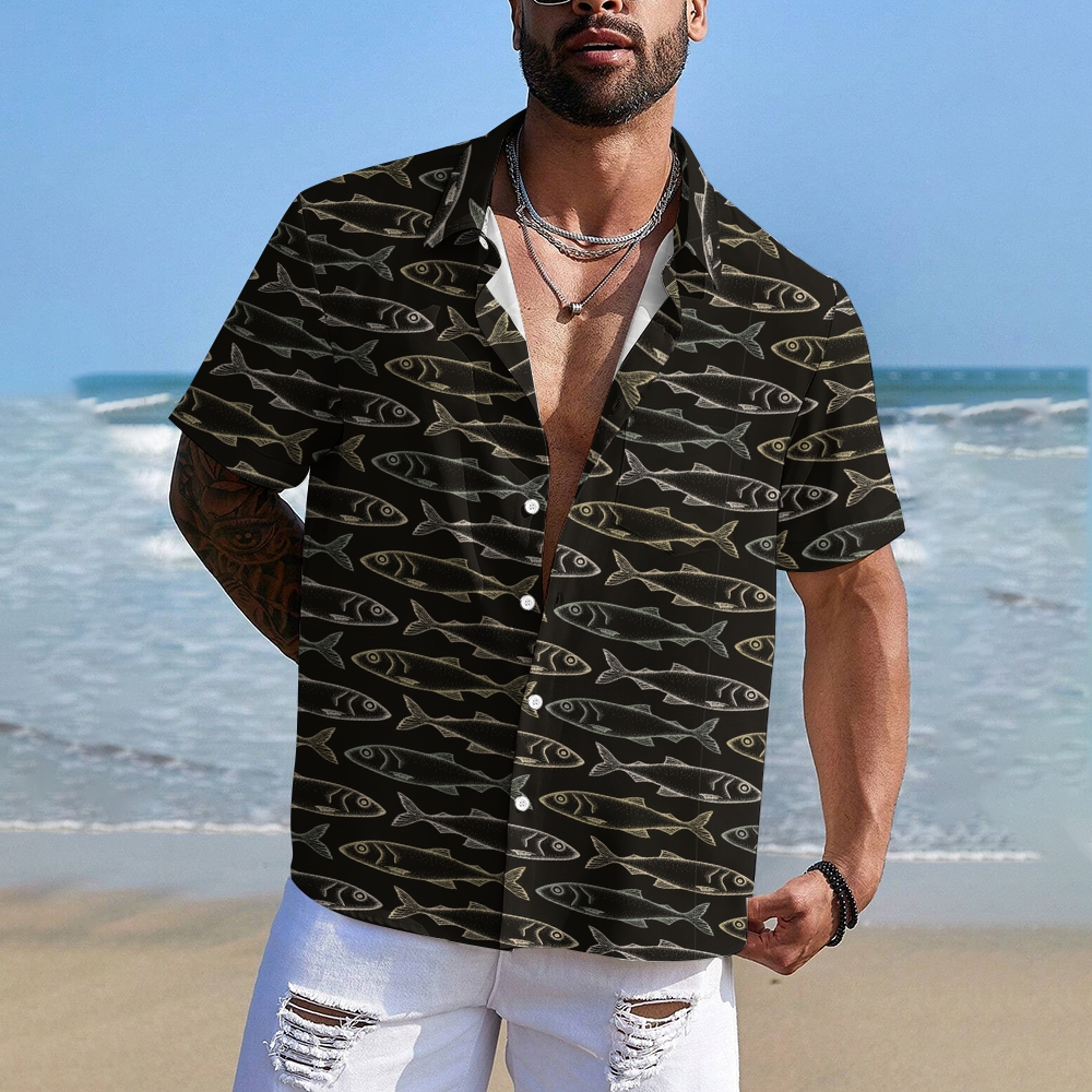 Men's Fish Print Hawaiian Casual Short Sleeve Shirt