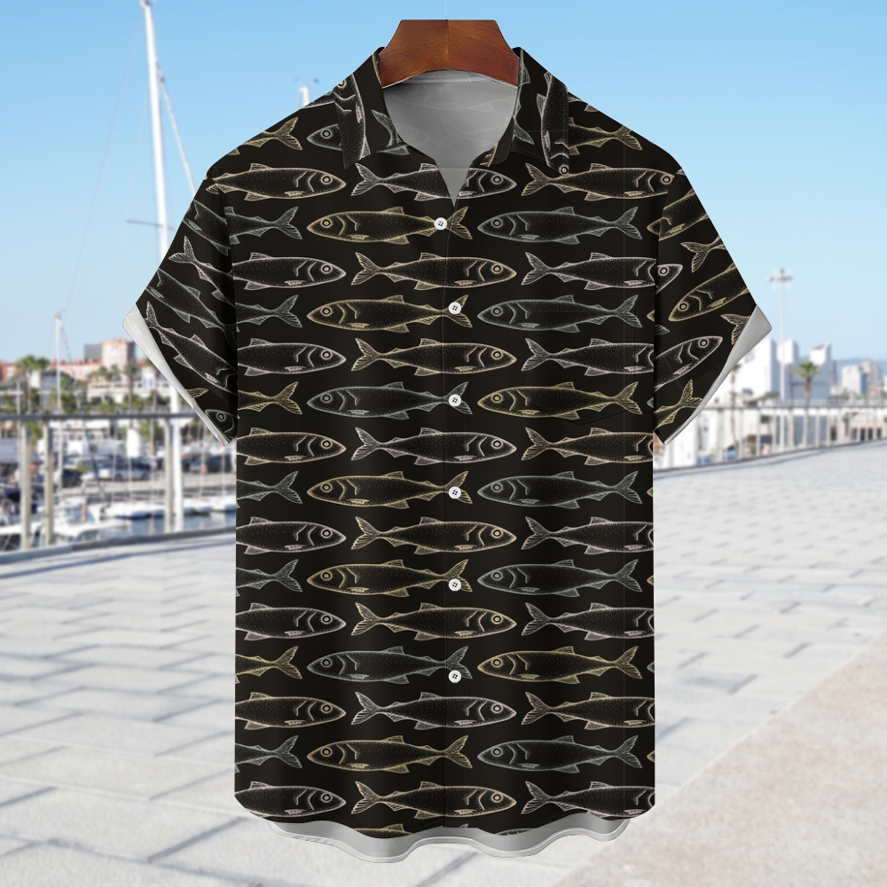 Men's Fish Print Hawaiian Casual Short Sleeve Shirt