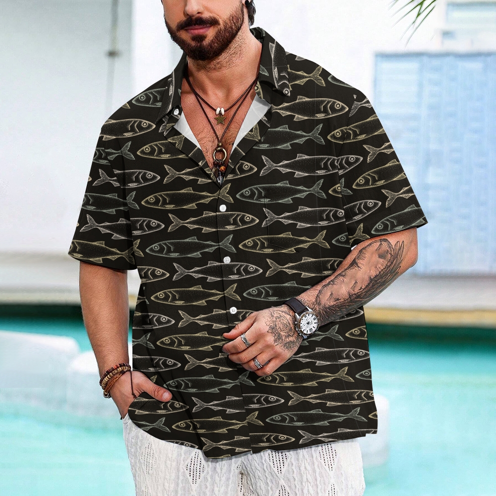Men's Fish Print Hawaiian Casual Short Sleeve Shirt